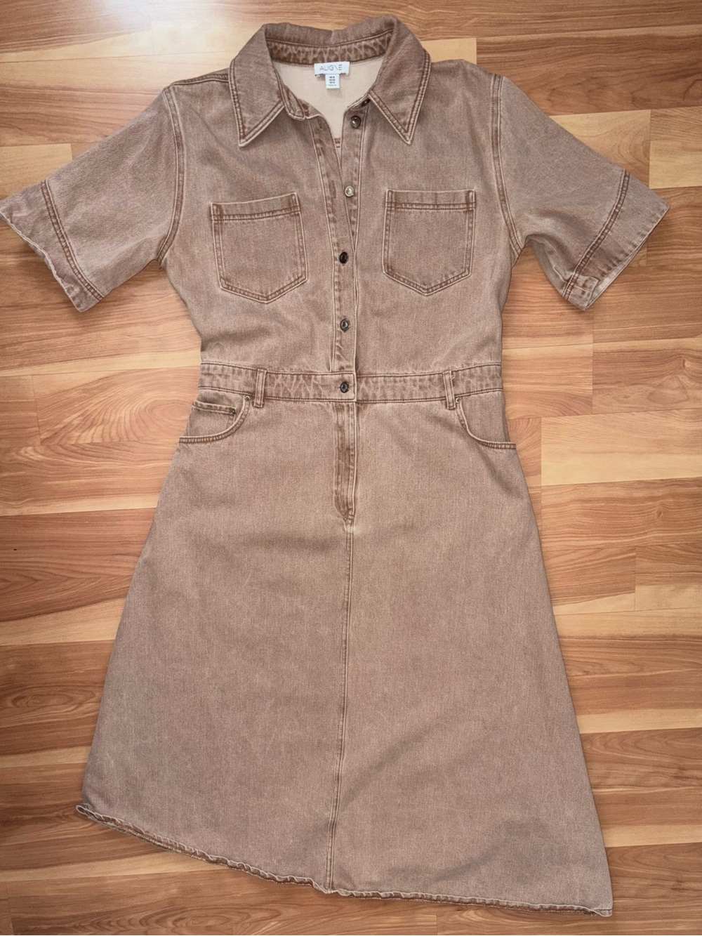 ALIGNE Tan Mateo Asymmetrical Utility Denim Midi Dress Size 12 Large Lagenlook - Picture 6 of 16